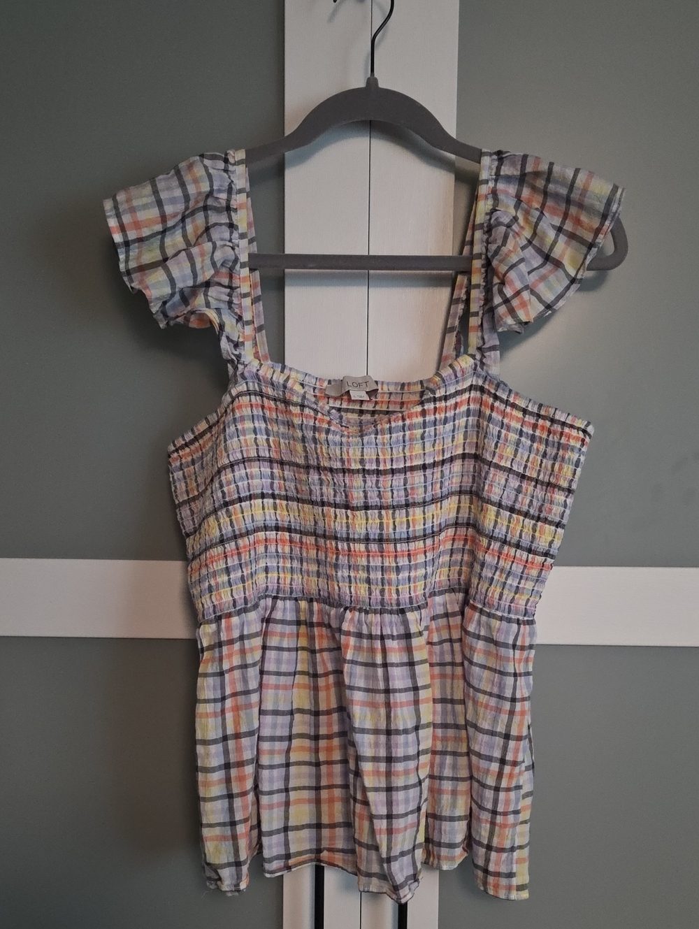 LOFT Pastel Plaid Smocked Peplum Top